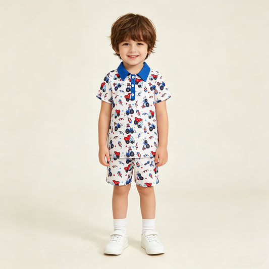 RTS NO MOQ BT1163 milk silk Baby Boys 4th of July Construction Button Polo Shirts Top