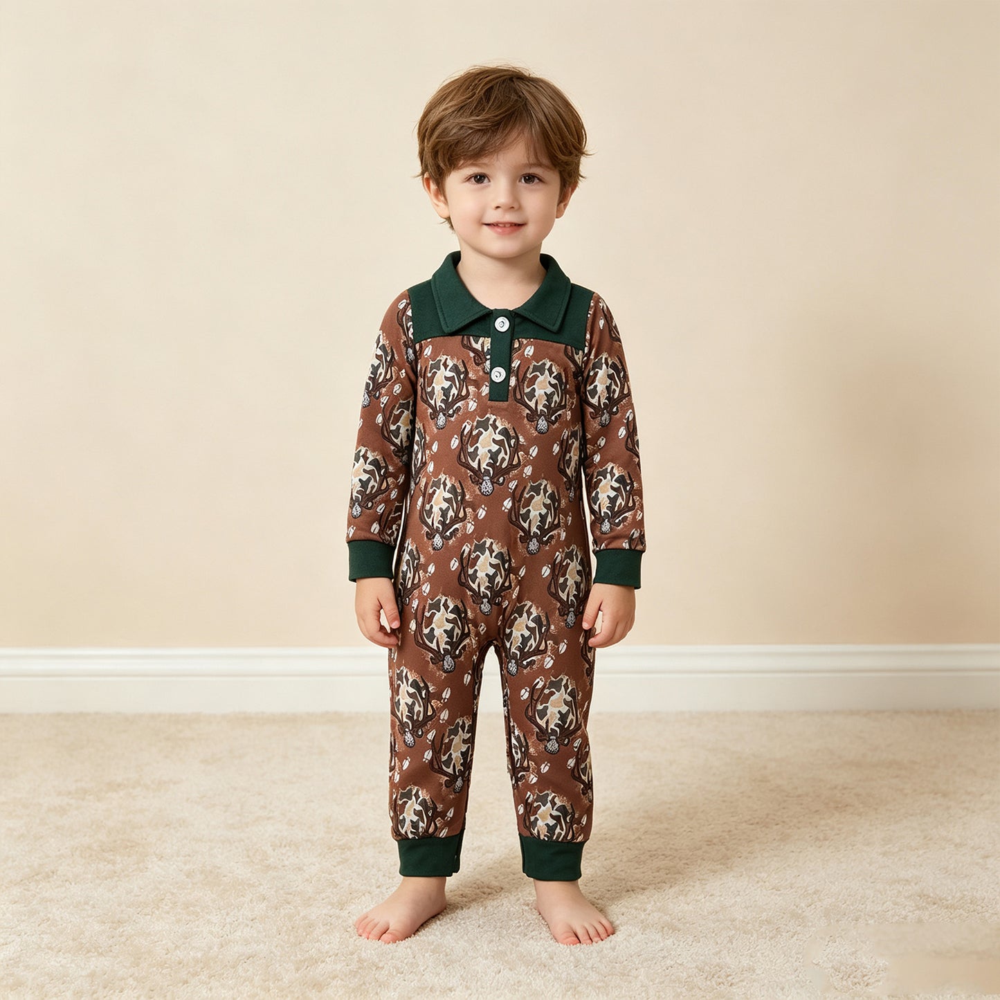 NEW RTS NO MOQ milk silk LR3013 Boys Hunting Camo Deer Long Sleeve Button Rompers