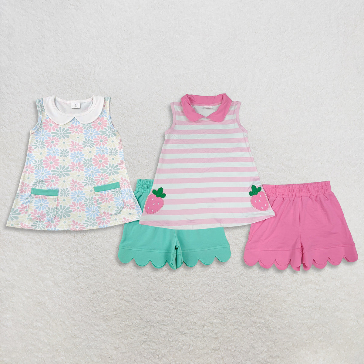 RTS NO MOQ Sibling milk silk Baby Girls Sleeveless Peter Pan Collar Tunic Top And Scallop Hem Shorts Summer Outfit