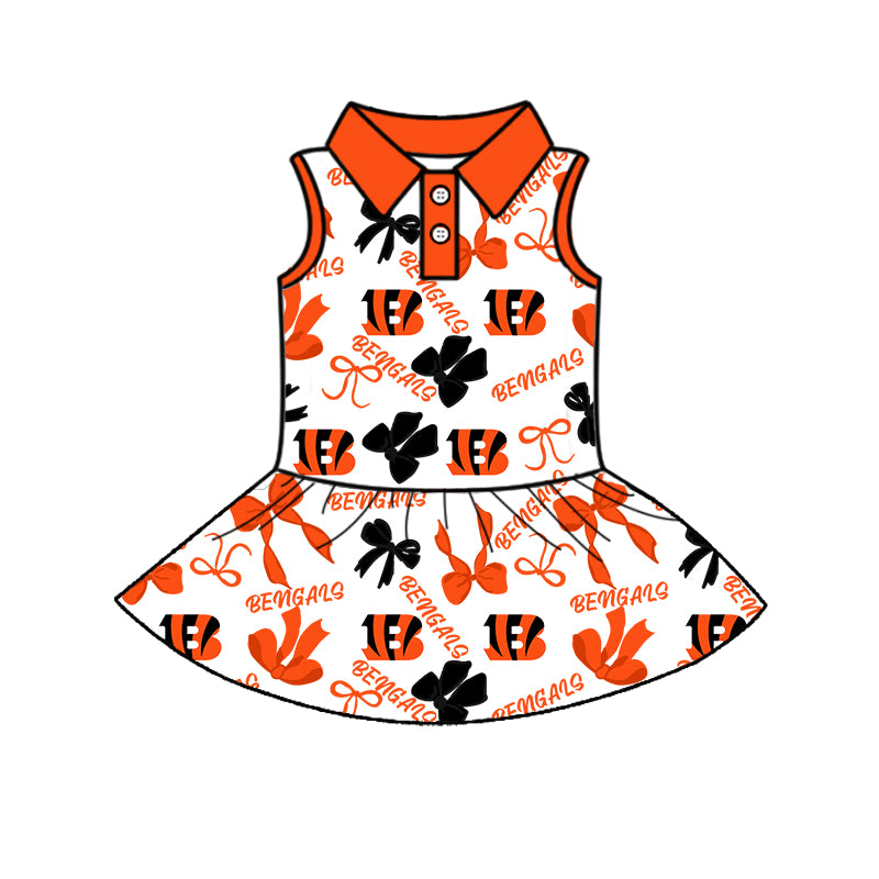 Custom moq 5 mix sizes summer teams baby girls clothes team orange short sleeve skirts shorts sets 1 and skirts sets 2 and dress 1 and dress 2 and dress 3 and dress 4-25.6.11