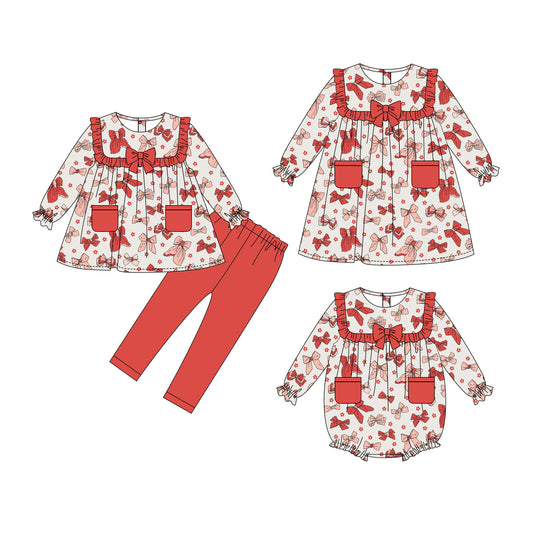 25.10.3 custom each style moq 8 eta 6-8week Sibling Sisters bow baby girl long sleeve pants sets and dress and rompers match family design