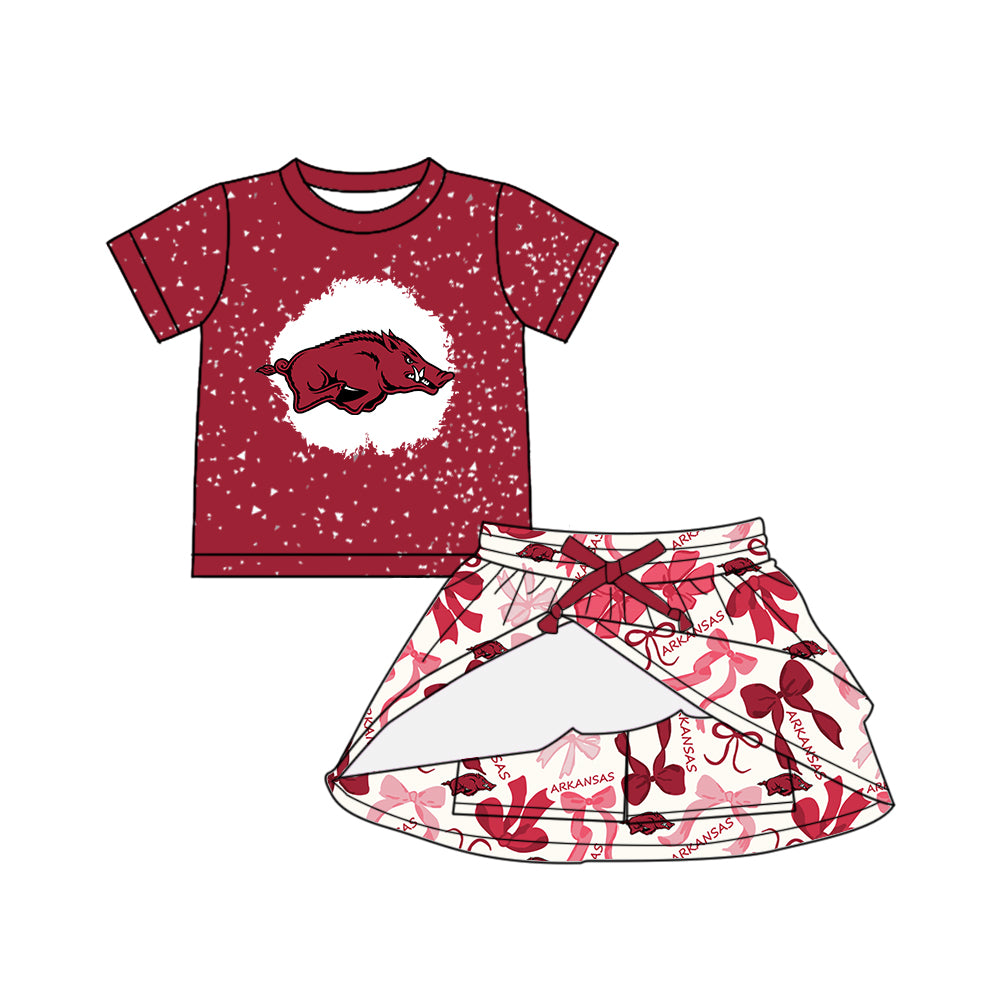 Custom moq 5 mix sizes summer teams baby girls clothes team brick red short sleeve skirts shorts sets dress 1 and dress 2 and dress 3 and dress 4-25.5.14