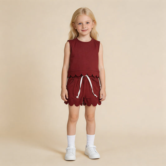 RTS NO MOQ cotton GSSO3734 Baby Girls Maroon Sleeveless Top Scallop Pocket Cotton Clothes Set