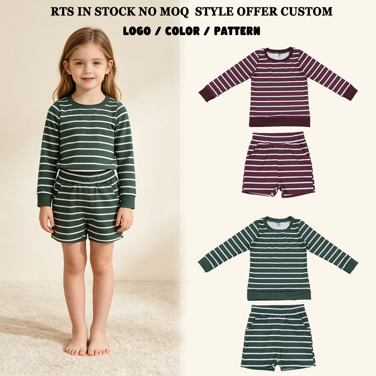 RTS NO MOQ Sibling yoga fabric Baby Girls Striped Long Sleeve Top And Shorts Yoga Active Set