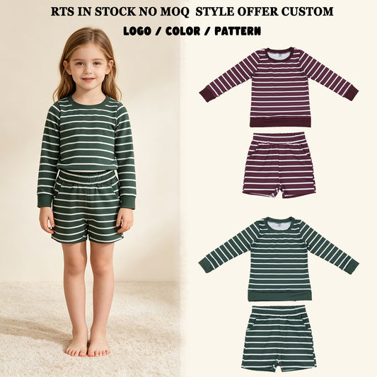 RTS NO MOQ Sibling yoga fabric Baby Girls Striped Long Sleeve Top And Shorts Yoga Active Set