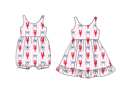 25.12.5 custom each style moq 5 eta 6-8week Sibling Sister lobster bow baby short sleeve romper and dress match design