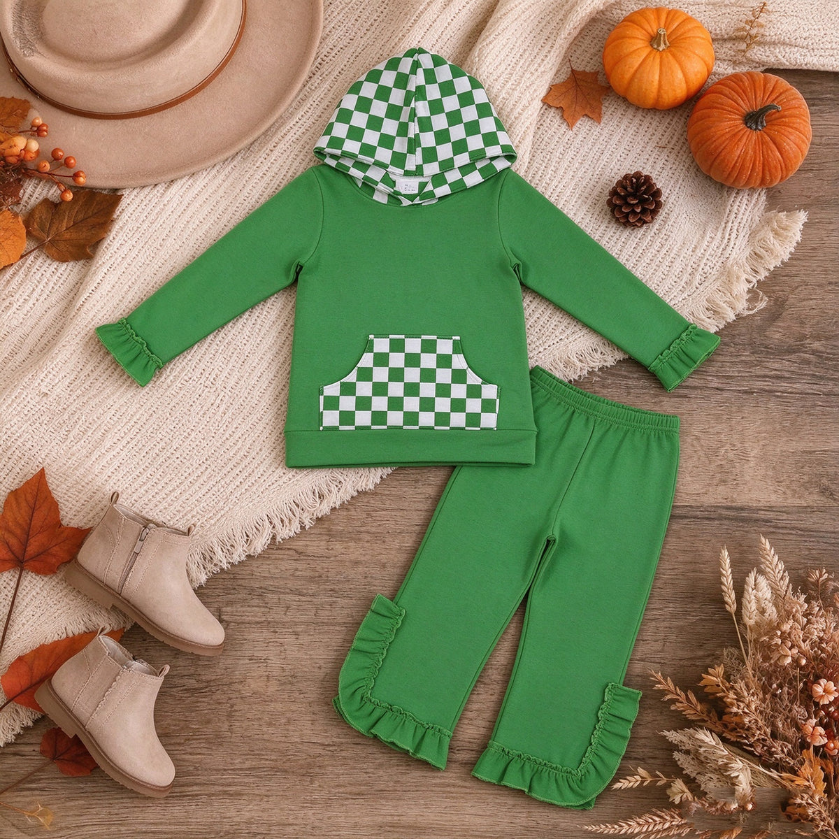 NEW RTS NO MOQ milk silk GLP3714（GT1855+P1165）Baby Girls Green Checked Pocket Long Sleeve Hoodie Ruffle Pant Outfit