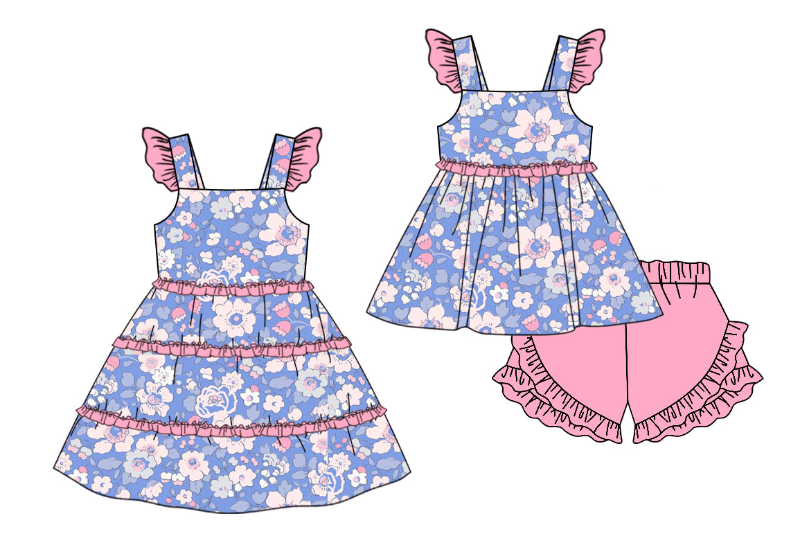 11.11 custom each style moq 5eta 4-6week Sibling Sister floral baby girl short sleeve shorts sets and dresses match design