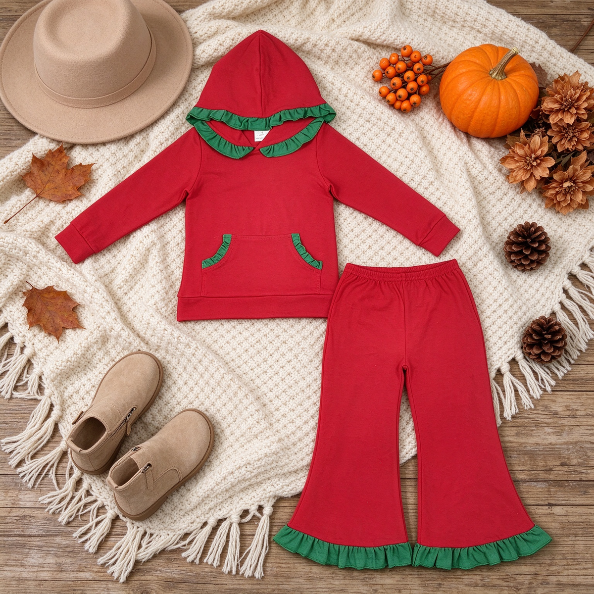 NEW RTS NO MOQ cotton GLP3751 Baby Girls Red Ruffle Hoodie Pockets Bell Bottom Pant Christmas Set
