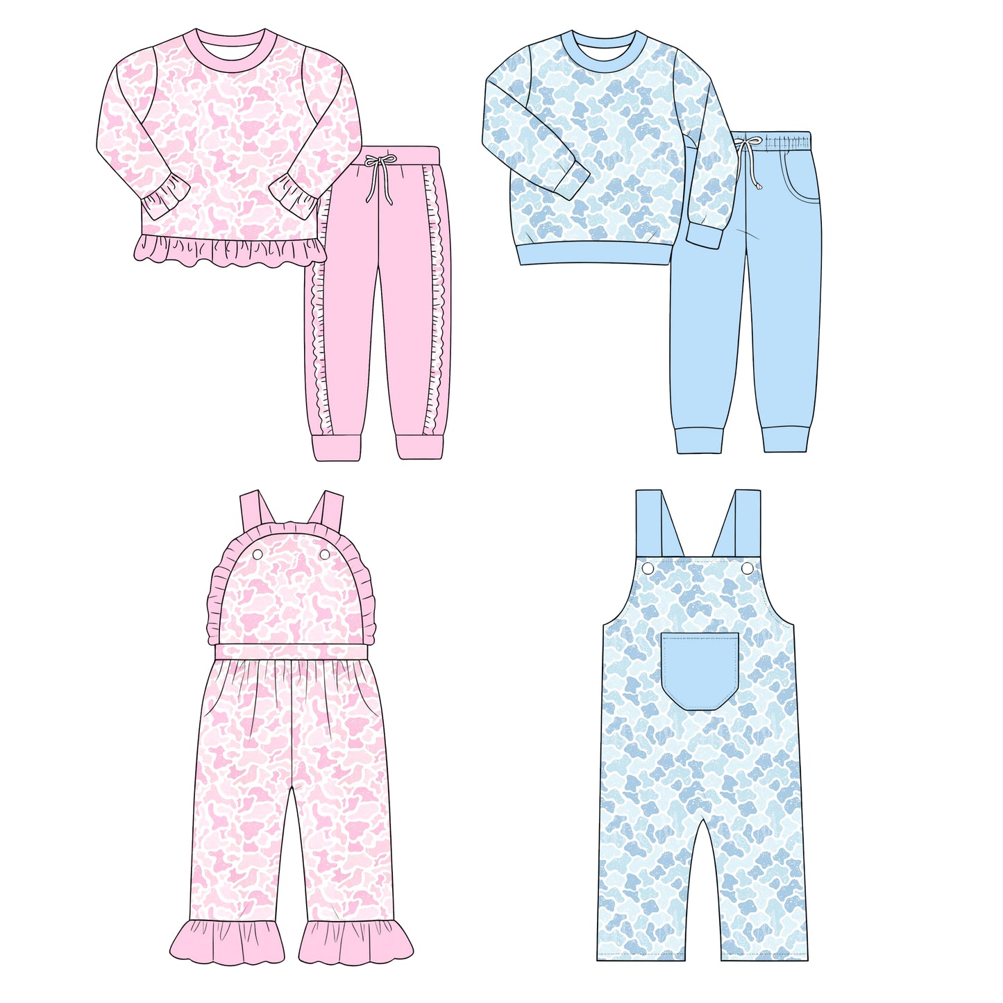 (Preorder new) No moq milk silk Baby Boys Girls Camo Print Long Sleeve Tops Pockets Jogger Clothes Sets Ruffle Pant Jumpsuits Pocket Pant Rompers