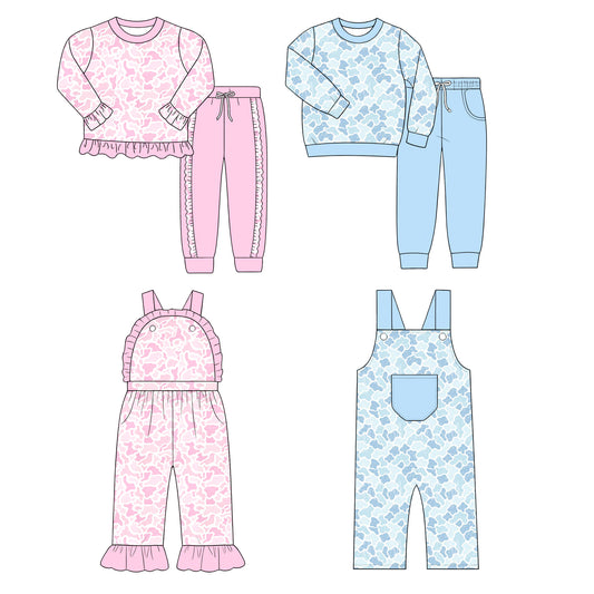(Preorder new) No moq milk silk Baby Boys Girls Camo Print Long Sleeve Tops Pockets Jogger Clothes Sets Ruffle Pant Jumpsuits Pocket Pant Rompers