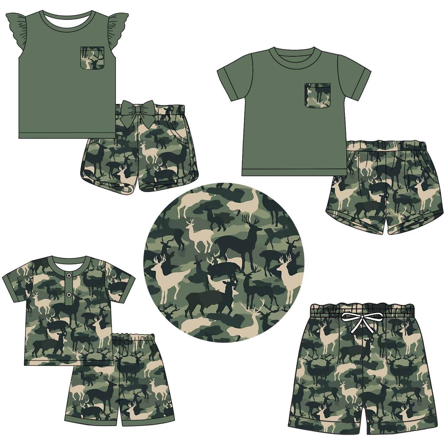 11.9 custom each style moq 5eta 4-6week Sibling Sister deer camouflage baby girl short sleeve shorts sets 1 and sets 2 and sets 3 and boy swim trunk match design