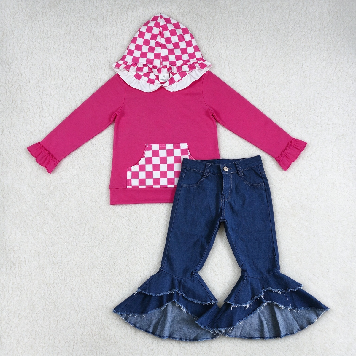 NEW RTS NO MOQ Denim GT1851+ P0007 Baby Girls Hot Pink Checkered Ruffle Hoodie With Pocket Denim Double Ruffle Flare Pant Set