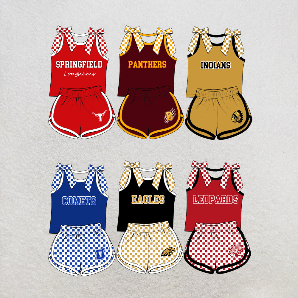 custom moq 5 mix size MSD070707 Baby Girls Checked Bow Sleeveless Tank Top Checked Elastic Waist Shorts Set