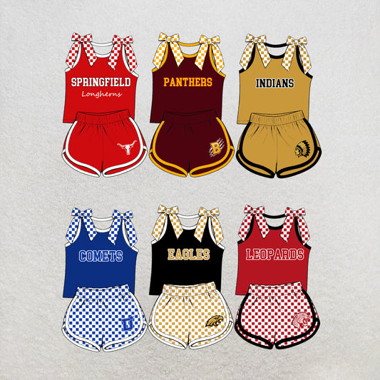 custom moq 5 mix size MSD070707 Baby Girls Checked Bow Sleeveless Tank Top Checked Elastic Waist Shorts Set