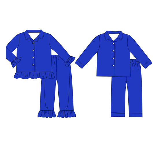 custom moq 5 mix size Baby Boys And Girls Solid Royal Blue Long Sleeve Collared Button Down Pant Pajama Set