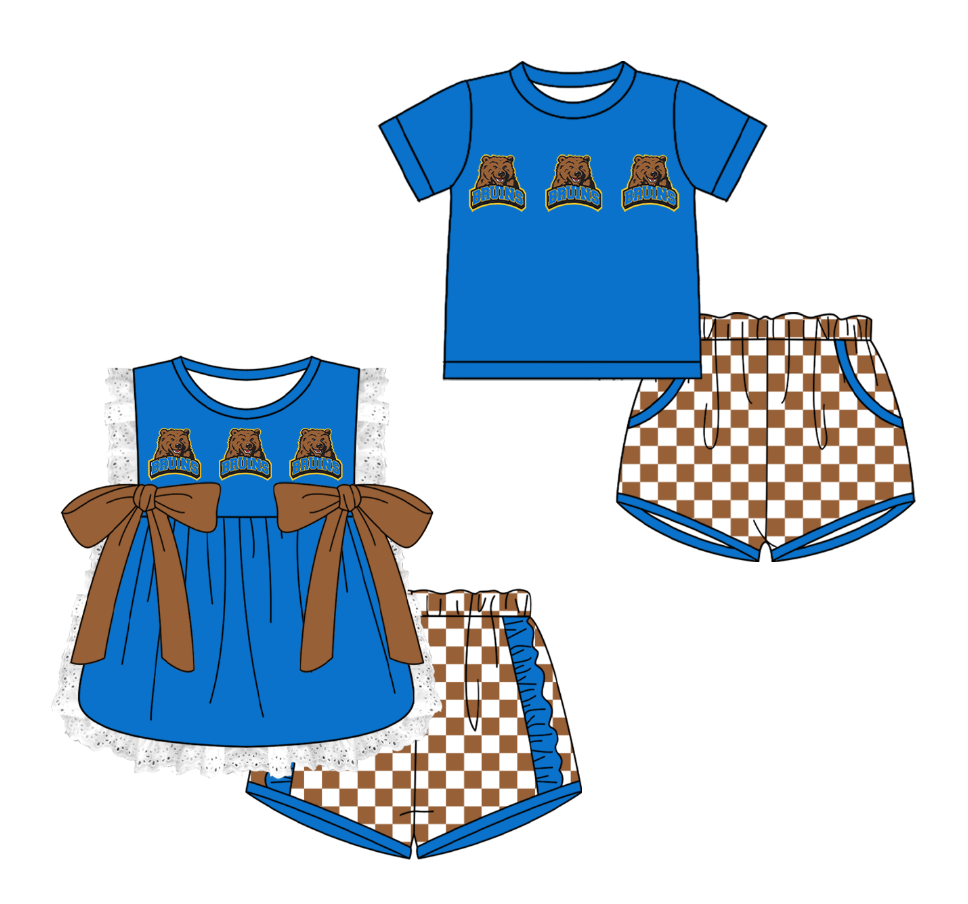 Custom moq 5 mix size milk silk summer teams Blue Girl Sleeveless Top And Plaid Shorts Set with Bow Boy Short Sleeved Top And Plaid Shorts Set