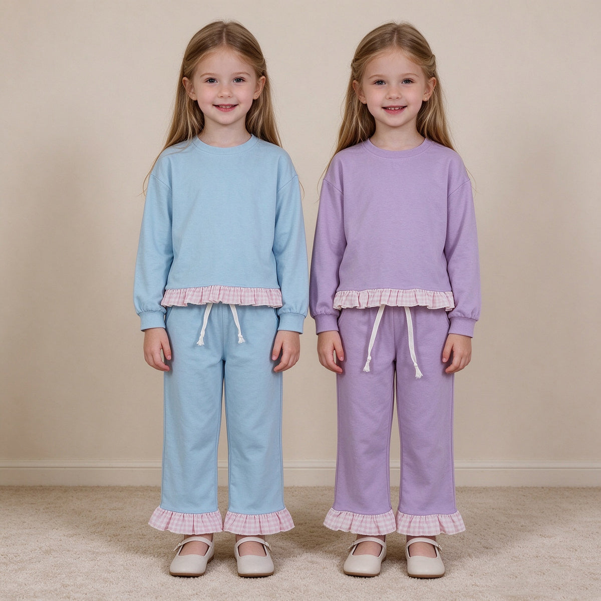 RTS NO MOQ Sibling cotton Baby Girls Solid Color Long Sleeve Top Ruffle Hem Pant Casual Outfit