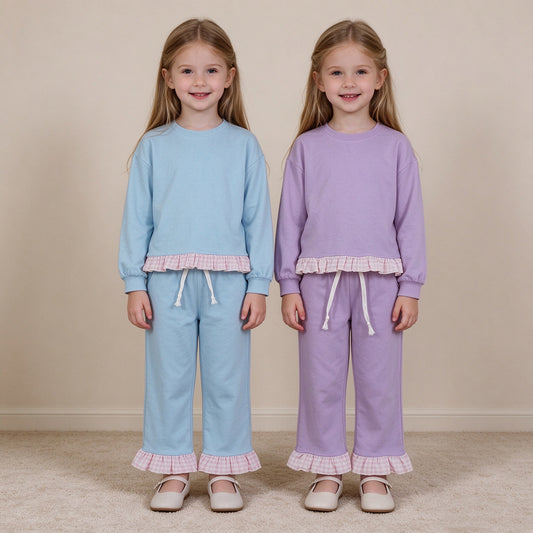 RTS NO MOQ Sibling cotton Baby Girls Solid Color Long Sleeve Top Ruffle Hem Pant Casual Outfit