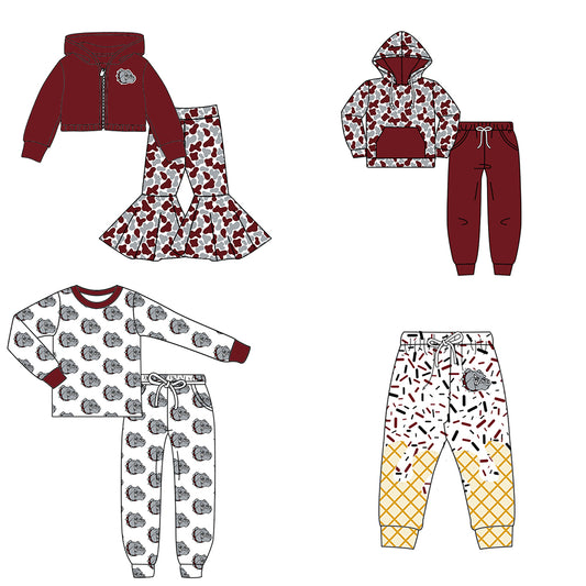 Custom moq 5 mix size milk silk summer teams baby girls clothes camouflage brick red hooded long sleeve pants sets 2 and boy pants sets and pant-25.8.7