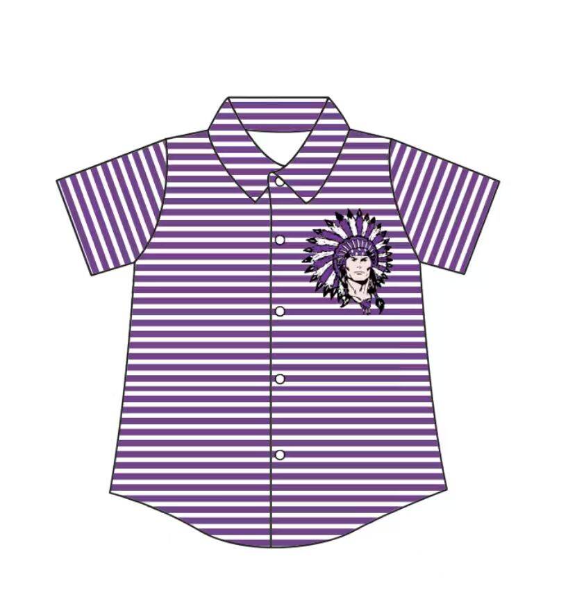 Custom moq 5 mix size milk silk summer teams Baby Boys Summer Purple Stripes Short Sleeve Button Shirts Top