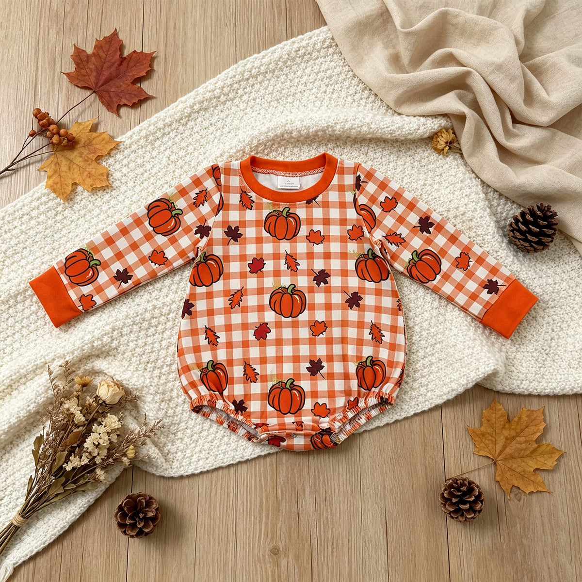 NEW RTS NO MOQ milk silk LR3236 Baby Boys Pumpkins Checked Long Sleeve Cute Romper