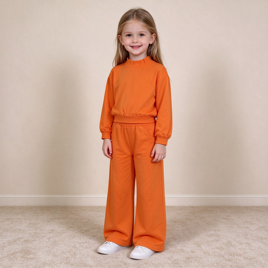 NEW RTS NO MOQ cotton GLP3414 High Neck Baby Girls Orange Pocket Casual Long Sleeve Top Flare Pants Sleepwear Set