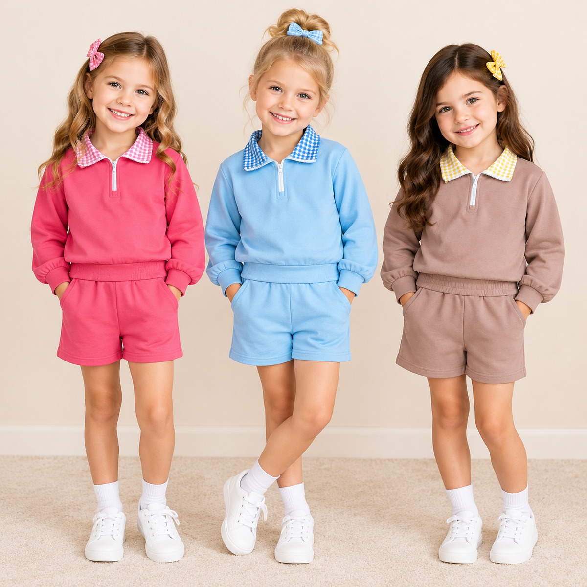 RTS NO MOQ Sibling milk silk Baby Girls Solid Color Gingham Collar Half Zip Long Sleeve Top Short Pant Clothes Set
