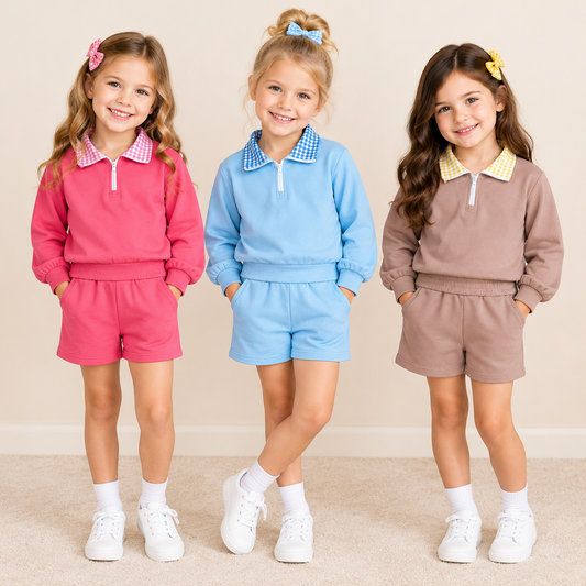 RTS NO MOQ Sibling milk silk Baby Girls Solid Color Gingham Collar Half Zip Long Sleeve Top Short Pant Clothes Set