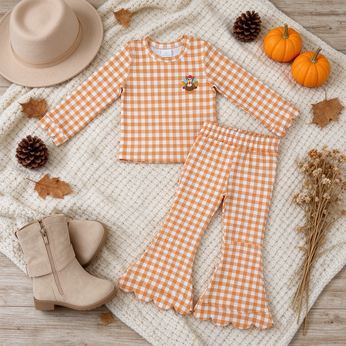 NEW RTS NO MOQ milk silk GLP3588 Embroidery Baby Girls Orange Checked Top With Embroidery Turkey Scallop Pant Thanksgiving Outfit