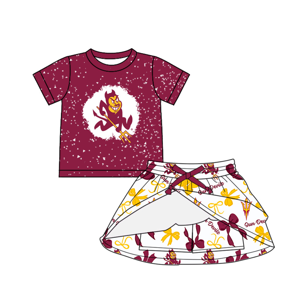 Custom moq 5 mix sizes summer teams baby girls clothes team brick red short sleeve skirts shorts sets dress 1 and dress 2 and dress 3 and dress 4-25.5.24