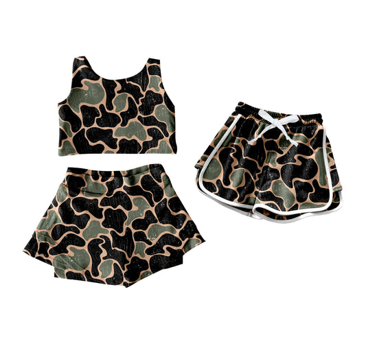 4.11 custom each style moq 5eta 4-6week Sibling Sister camouflage baby girls clothes Short sleeve yoga dress and shorts match family design
