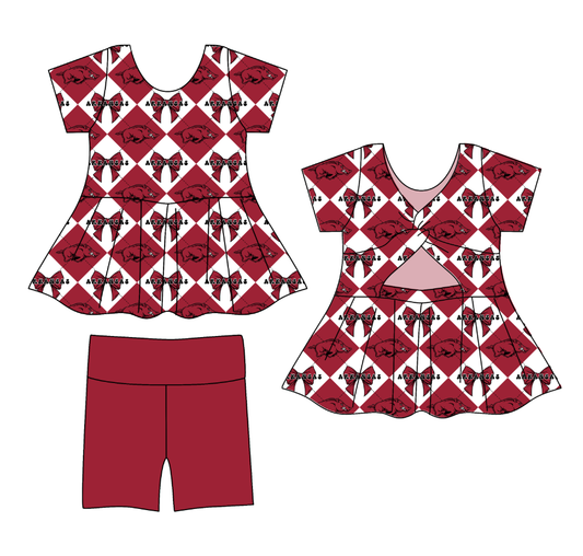 Custom moq 5 mix size Red Plaid Baby Girl's Short-Sleeved Shirt And Shorts Team Outfit Children's Clothing Set for Girls
