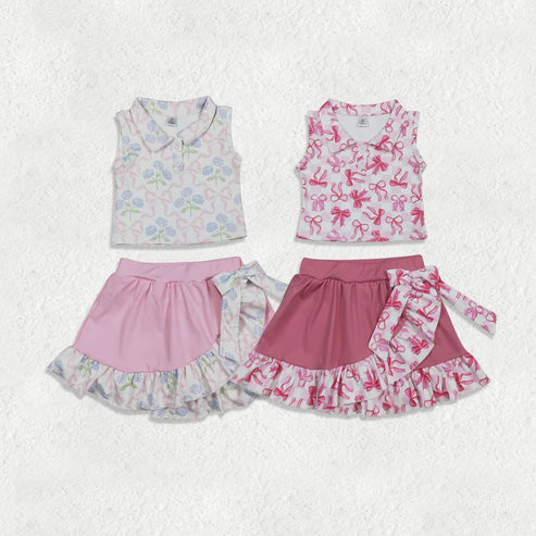 RTS NO MOQ Sibling Baby Girls Plaid Button Vest Ruffle Skirt And Shorts Set Bow Detail Active Yoga Clothes Outfit for Kids