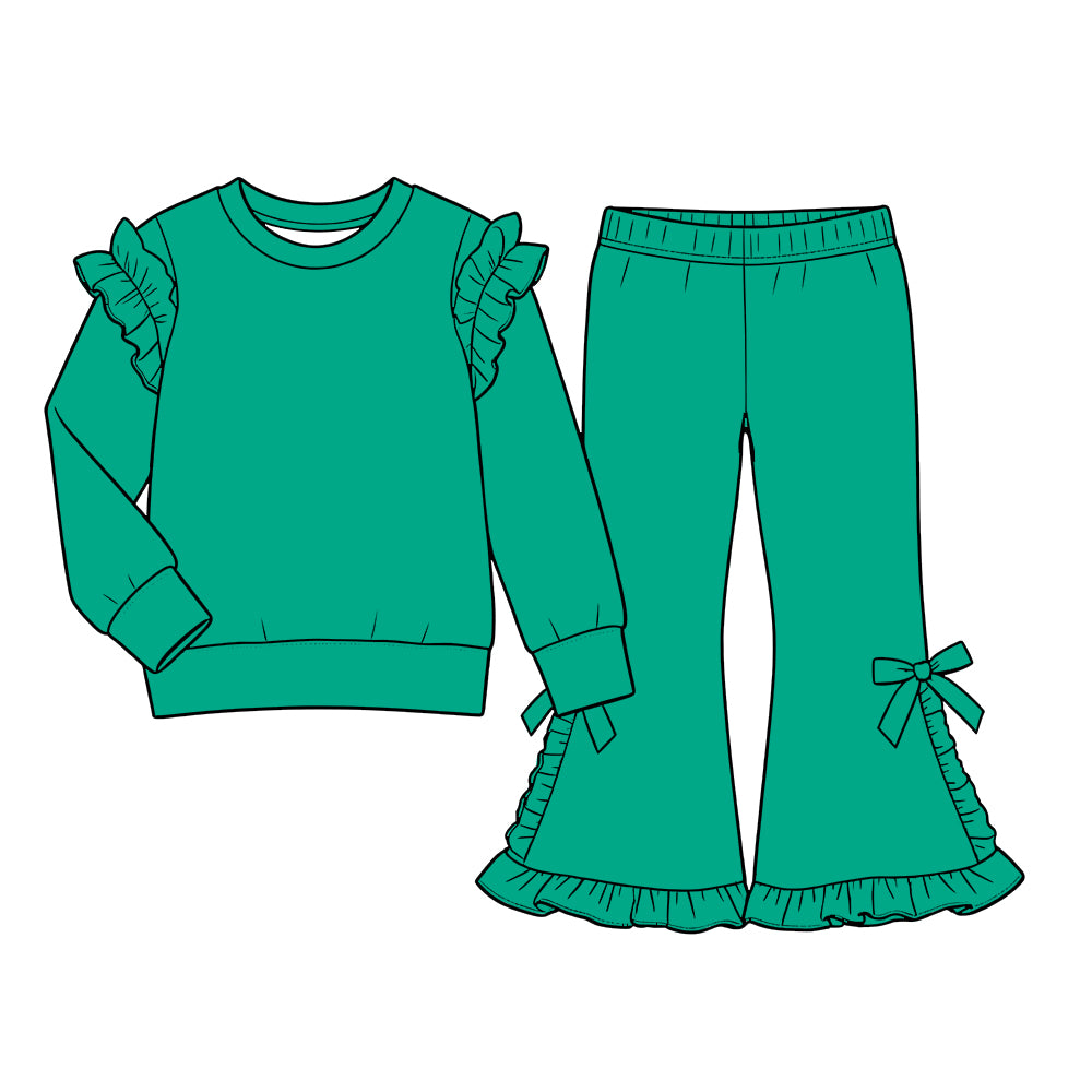 Custom moq 5  cotton fabric girls ruffle sets  solid color blank  Green Long-Sleeve Sweatshirt with Lace Trim and Flared Pants Set with Side Bows