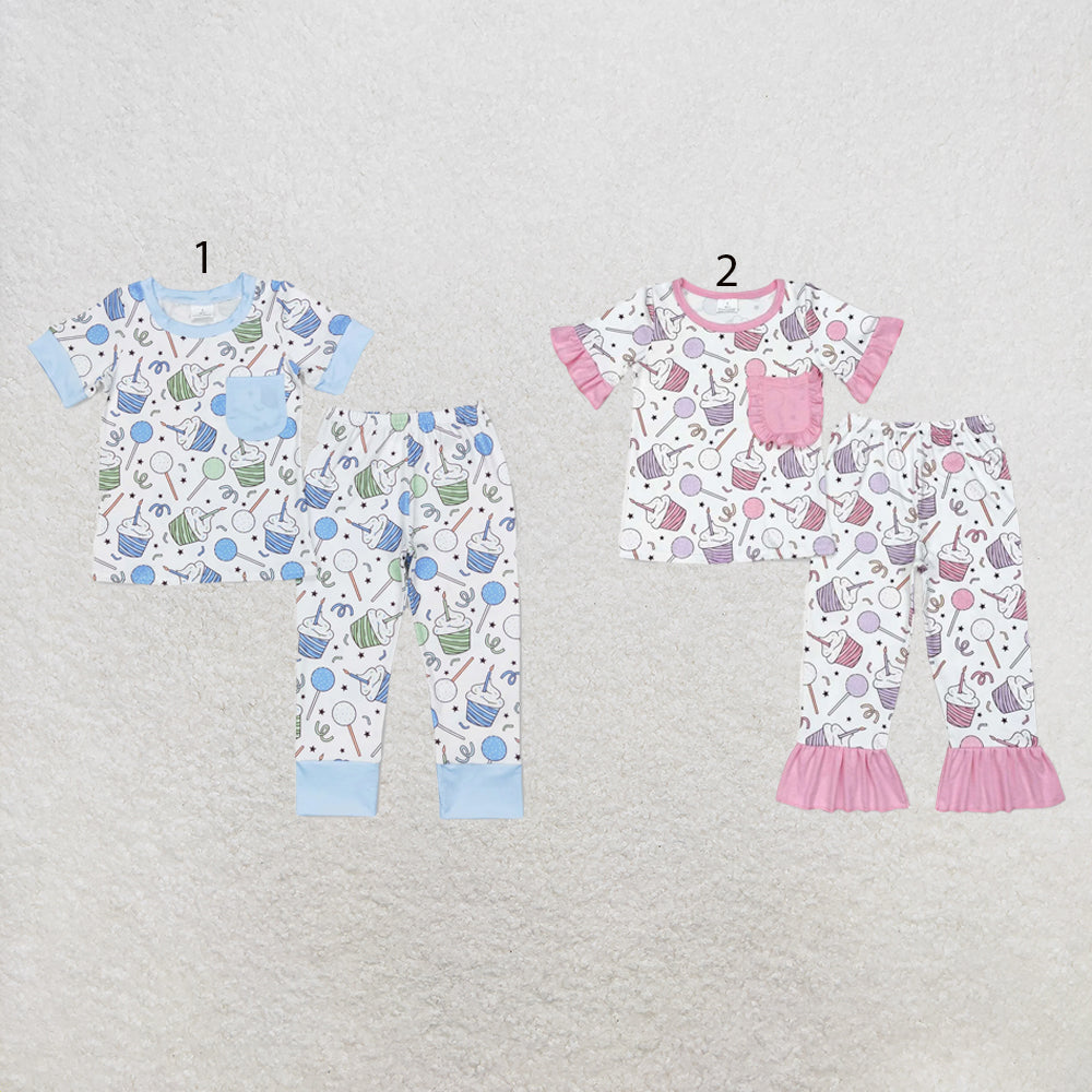 RTS NO MOQ Sibling milk silk Baby Girls Boys Cupcake Print Pocket Top Matching Pants Two Piece Pajamas Clothes Set
