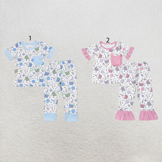 RTS NO MOQ Sibling milk silk Baby Girls Boys Cupcake Print Pocket Top Matching Pants Two Piece Pajamas Clothes Set