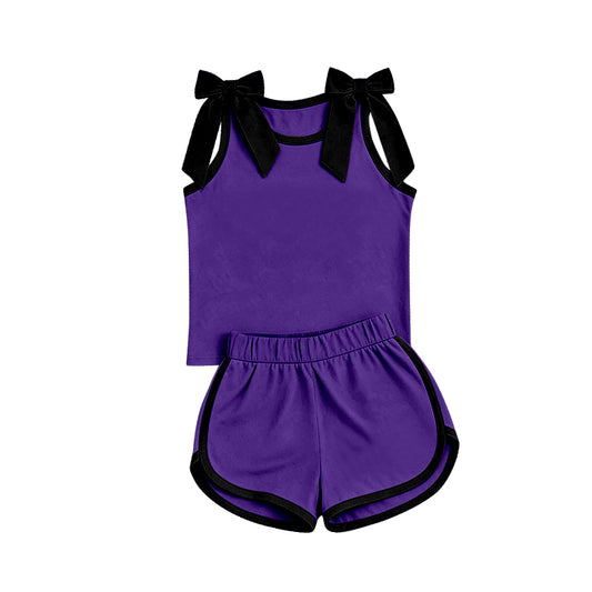 custom moq 5 mix size Baby Girls Black Bow Sleeveless Purple Top Shorts Team Athletic Set
