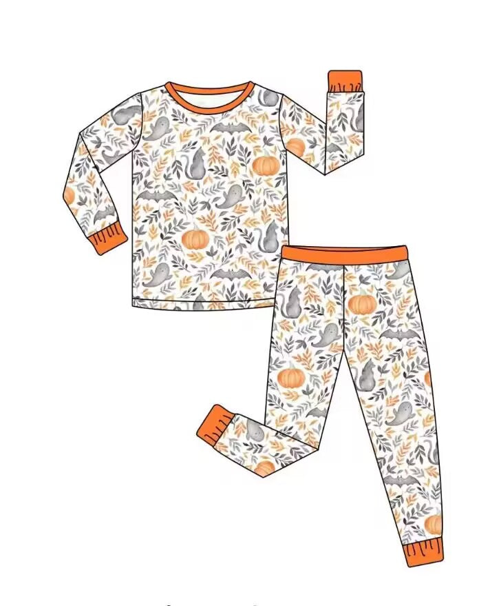 5.9custom each style moq 5eta 4-5week Sibling Sister Halloween Pumpkin Leaf Ghost prints orange girls and boys outfits and baby rompers match family design