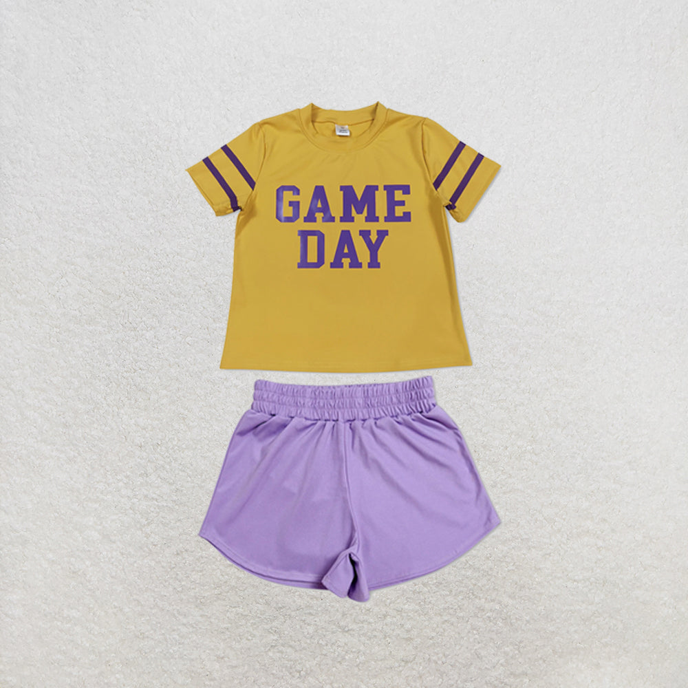 RTS NO MOQ Sibling yoga fabric Baby Girls Vinyl Purple Game Day Print Top Matching Shorts Two Piece Team Active Clothes Set