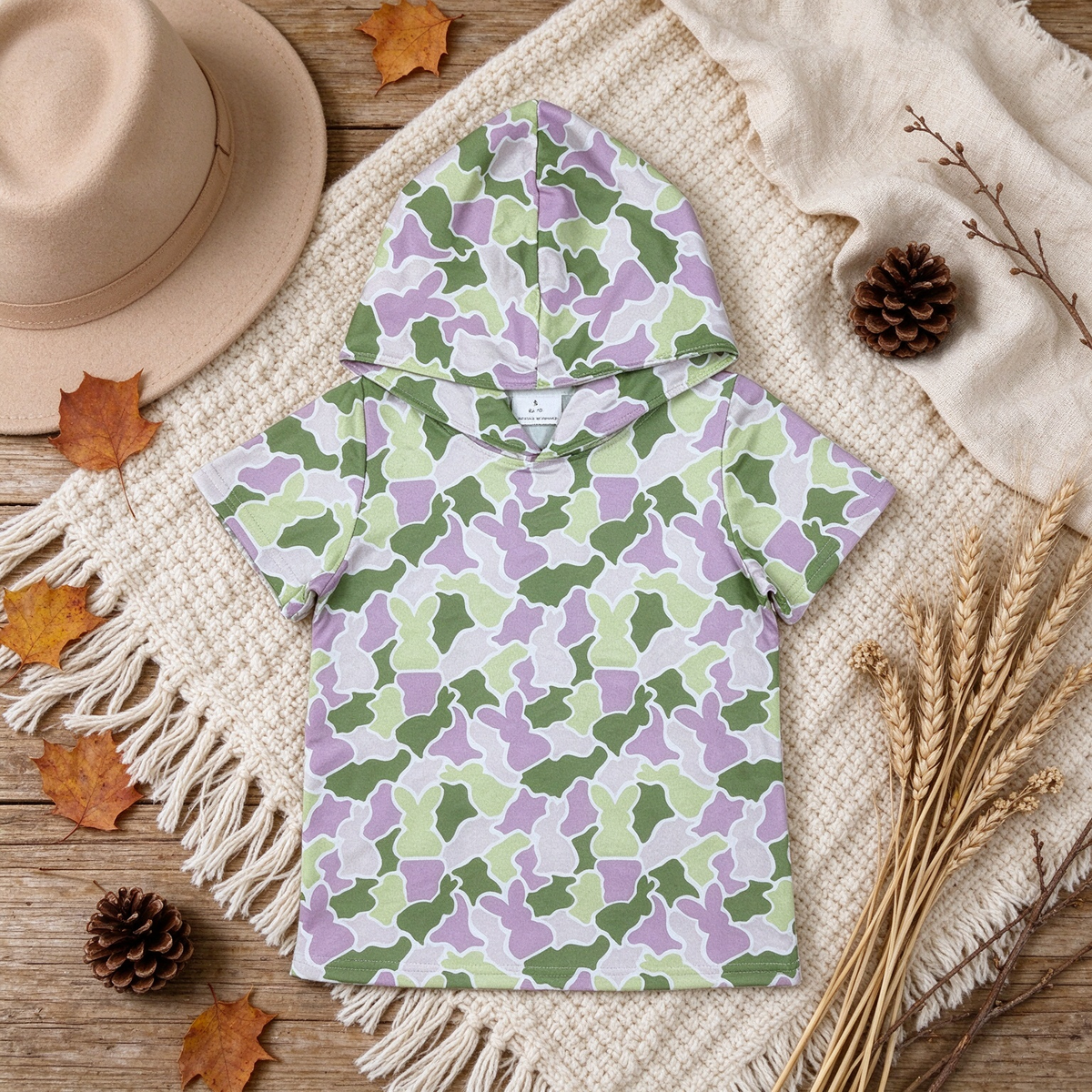 NEW RTS NO MOQ milk silk GT1918 Baby Girls Green Pink Camo Rabbit Print Easter Short Sleeve Hoodies Top
