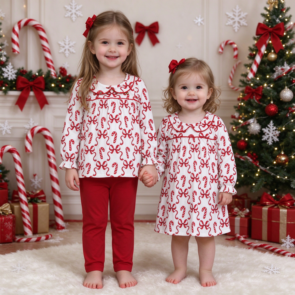 Baby Girls Christmas Candy Cane Collection - Ruffle Pants Set & Peter Pan Collar Dress