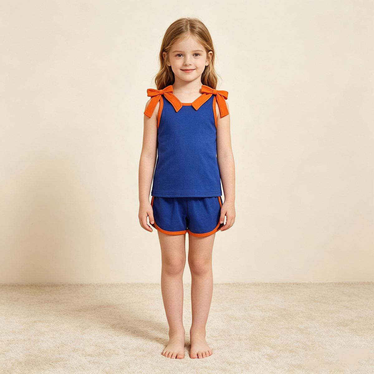 NEW RTS NO MOQ cotton GSSO3857 Baby Girls Hot Blue Orange Bows Sleeveless Vest Short Sets