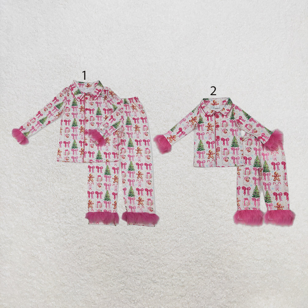 RTS NO MOQ milk silk Sibling Christmas Adult To Match Kids Cute Bows Gingerbread Christmas Tree Print Fluffy Fur Trim Button Front Top Elastic Pants Christmas Pajama Set