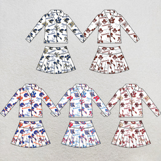 custom moq 5 mix size  XY072507 Baby Girls Summer Bow Print Long Sleeve Top Pleated Skirt Two Piece Team Yoga Outfit