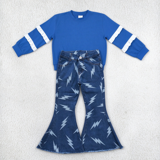 NEW RTS NO MOQ Denim GT1860+ P0128 Baby Girls Royal Blue Ruffle Sleeve Top Flash Denim Bell Pants Set