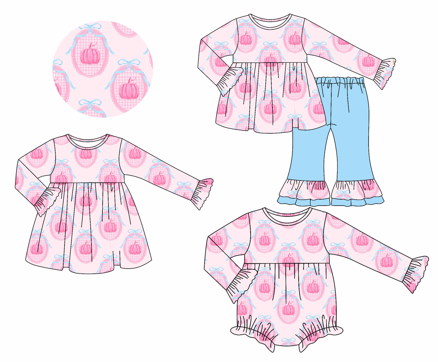 25.7.7 custom each style moq 5eta 4-6week Sibling Sisters pumpkin baby girl long sleeve pants sets and dress and rompers match family design