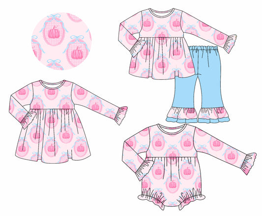 25.7.7 custom each style moq 5eta 4-6week Sibling Sisters pumpkin baby girl long sleeve pants sets and dress and rompers match family design
