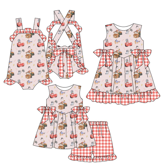 3.21 custom each style moq 5eta 4-6week Sibling Sisters cars baby girl short sleeve shorts sets and dress and rompers match family design