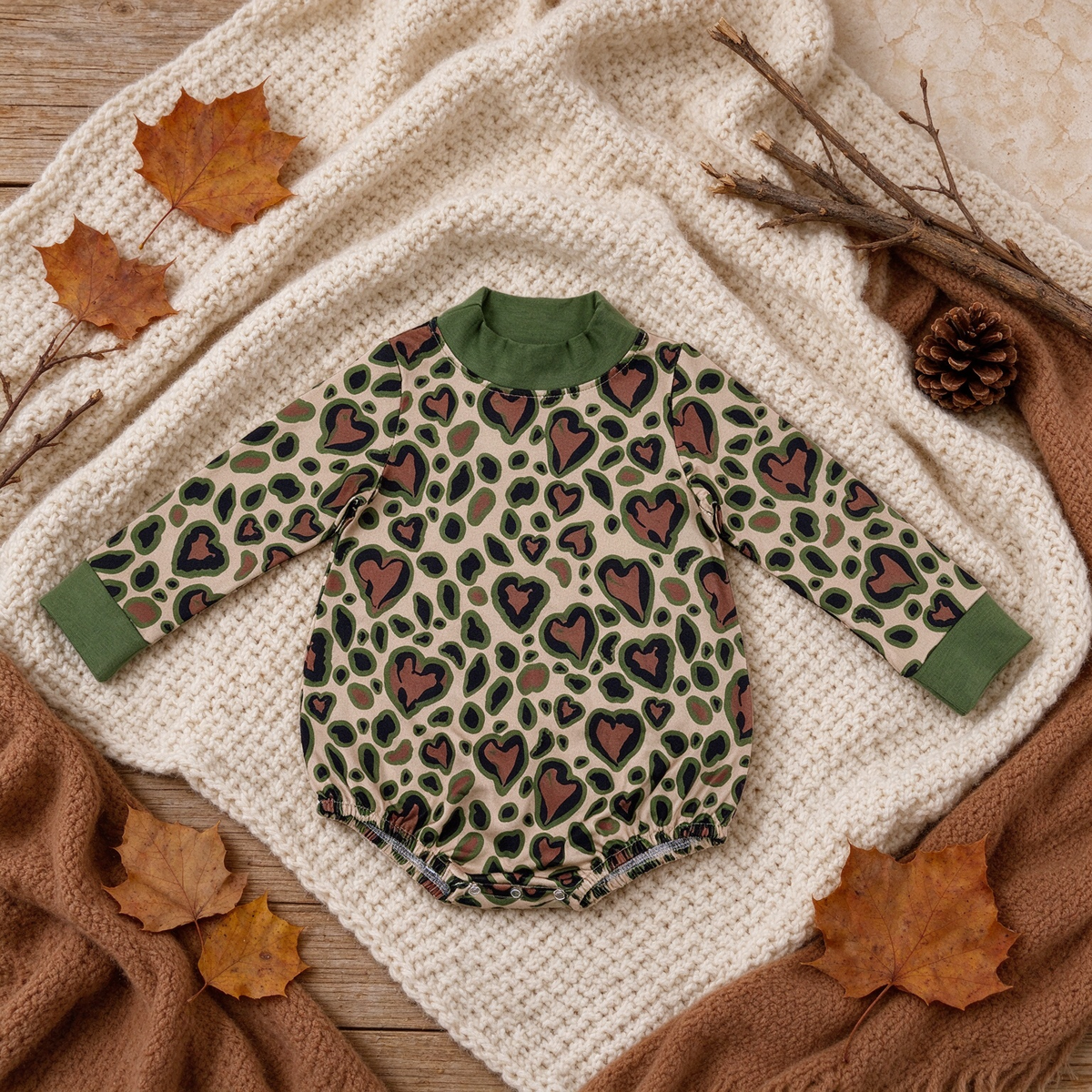 NEW RTS NO MOQ milk silk LR3333 High Neck Baby Girls Long Sleeve Olive Black Leopard Hearts Print Valentines Rompers